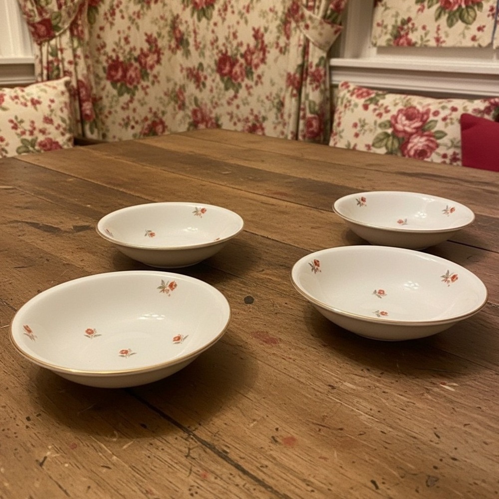 Cunningham & Pickett Cardinal Berry Bowls, Set of 4, Hand-Decorated Tableware
